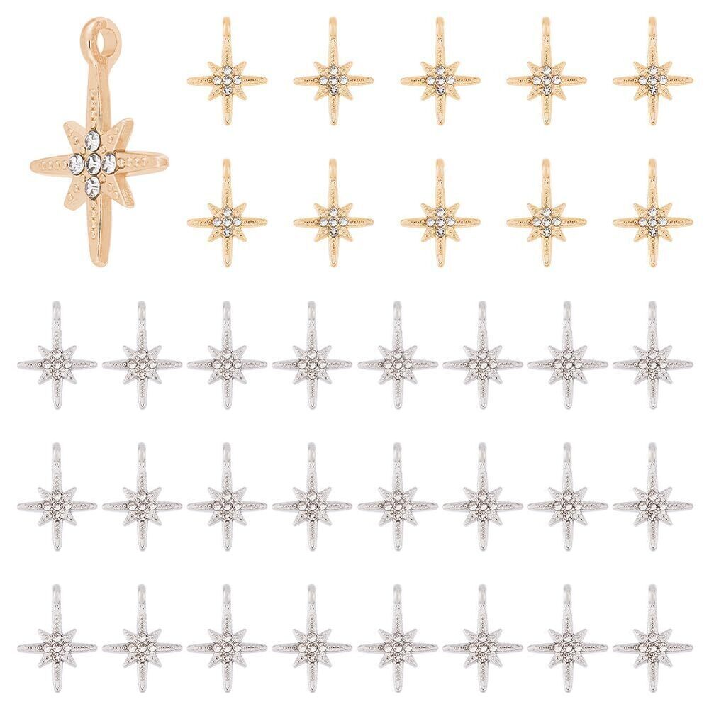 8211 60Pcs Rhinestone Hexagram Charms Platinum Light Gold Vintage Alloy